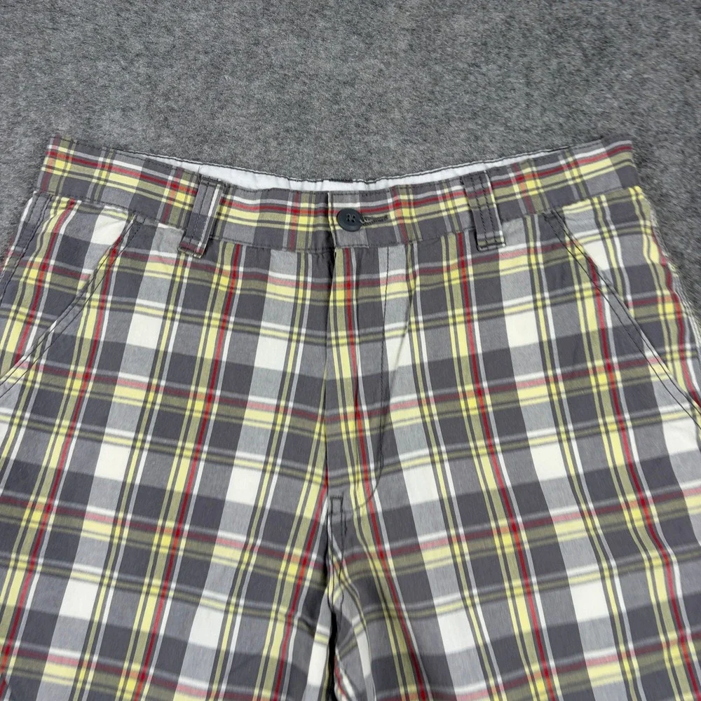 Y2K Faded Glory Plaid Shorts Mens 32 Gray Yellow Tartan Casual Summer Flat Front